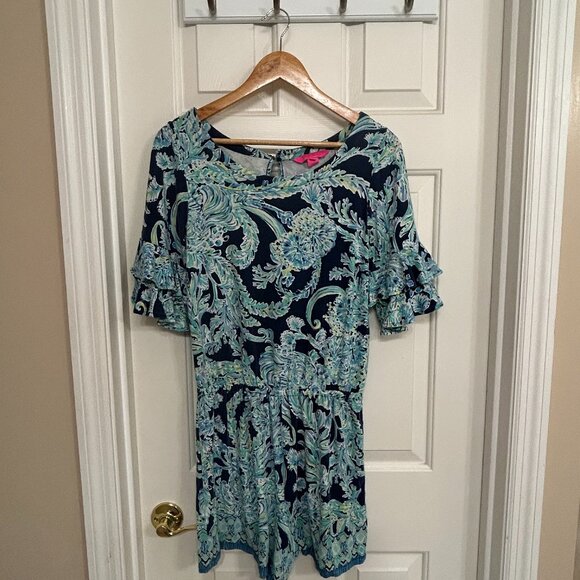 Lilly Pulitzer Pants - Lilly Pulitzer Lula Ruffle Sleeve Romper Size M High Tide Navy Scuba Doo